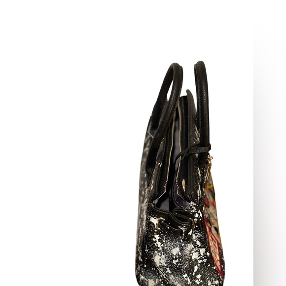 Black Splatter Vegan Leather Handbag w/ Rock N’ Roll Patches - Picture 7 of 11